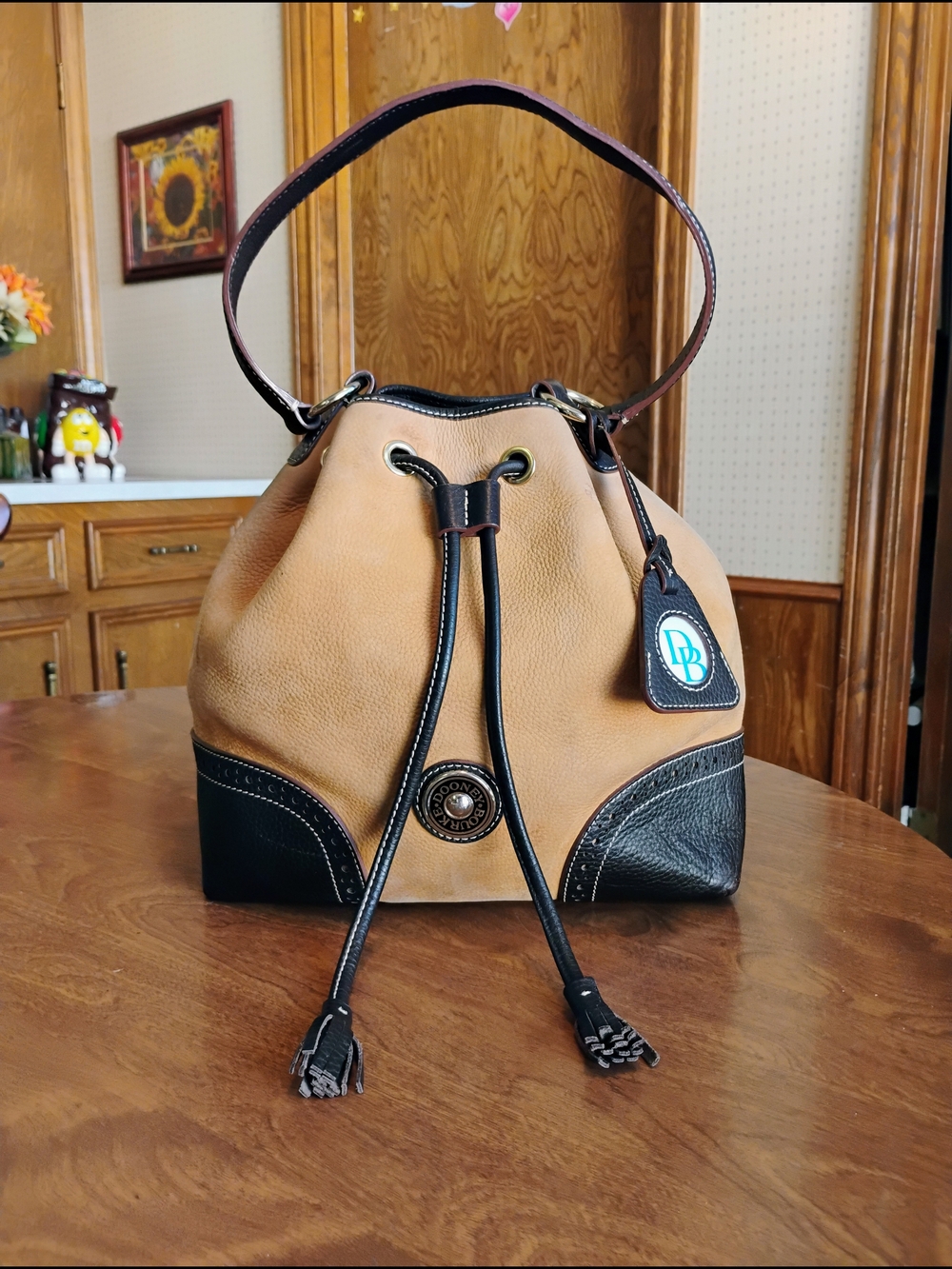 Dooney & Bourke "Brogue" Light Marigold Suede Drawstring Bucket Bag Top Handle